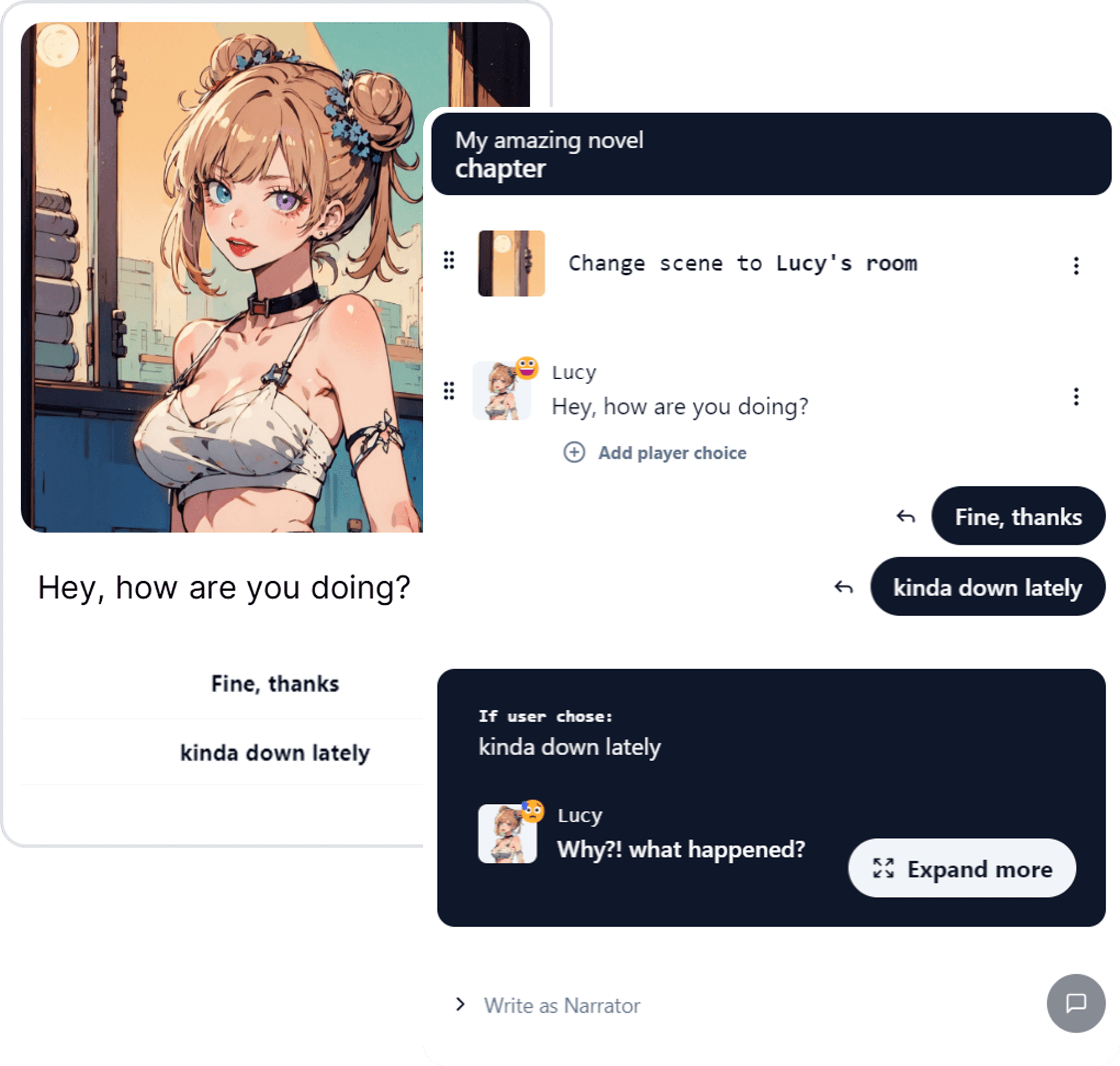 showcasing easy creation of visual novel using Komi interactive ui (no coding required)